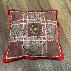 Indian Embroidered Throw Pillow Cover with Sequins, Red, 11x11 inches